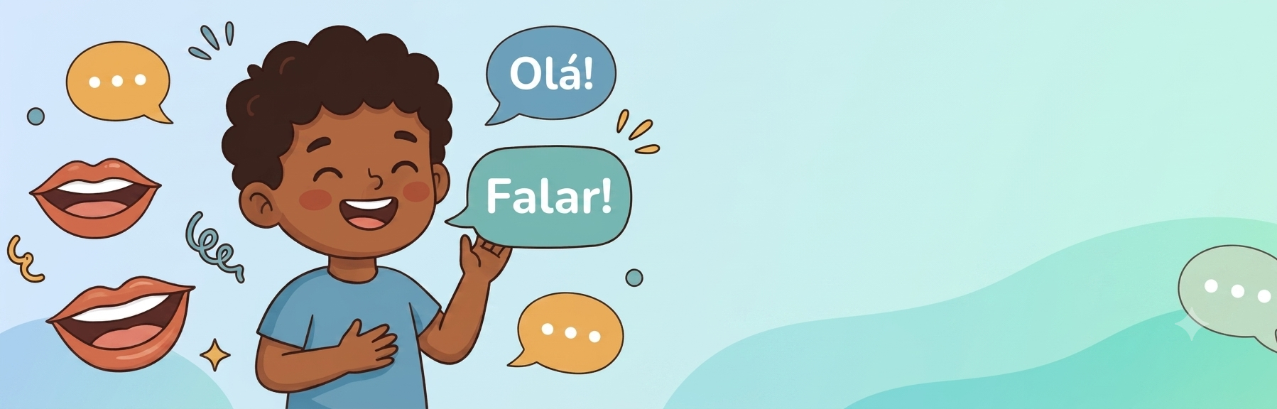 Criança a sorrir com balões Olá! e Falar!